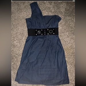Dark blue one should dress 
Short dress with medium
Voom by Joy Han